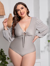 Load image into Gallery viewer, Plus Size Tied Deep V Balloon Sleeve One-Piece Swimsuit
