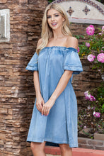 Load image into Gallery viewer, Off-Shoulder Knee-Length Denim Dress
