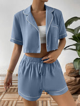 Load image into Gallery viewer, Contrast Lapel Collar Cropped Shirt and Shorts Lounge Set
