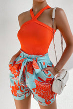 Load image into Gallery viewer, Halter Neck Sleeveless Top and Printed Tie Waist Pants Set
