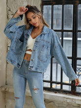 Load image into Gallery viewer, Collared Neck Dropped Shoulder Denim Jacket
