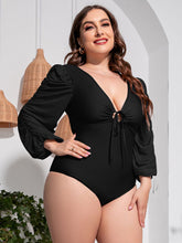 Load image into Gallery viewer, Plus Size Tied Deep V Balloon Sleeve One-Piece Swimsuit
