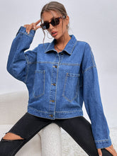 Load image into Gallery viewer, Collared Neck Dropped Shoulder Denim Jacket
