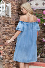 Load image into Gallery viewer, Off-Shoulder Knee-Length Denim Dress
