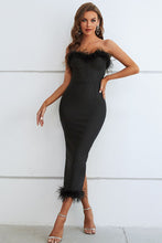 Load image into Gallery viewer, Feather Trim Strapless Sweetheart Neck Dress
