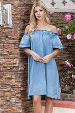 Load image into Gallery viewer, Off-Shoulder Knee-Length Denim Dress
