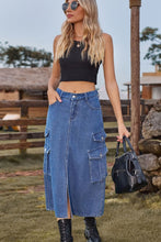 Load image into Gallery viewer, Slit Front Midi Denim Skirt with Pockets
