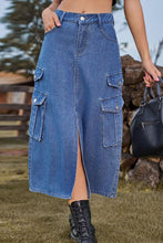 Load image into Gallery viewer, Slit Front Midi Denim Skirt with Pockets
