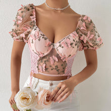 Load image into Gallery viewer, Embroidery Sweetheart Neck Short Sleeve Lace Trim Blouse
