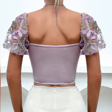 Load image into Gallery viewer, Embroidery Sweetheart Neck Short Sleeve Lace Trim Blouse
